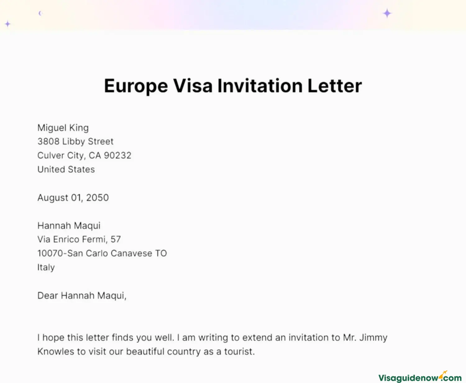 Europe visa invitation letter template